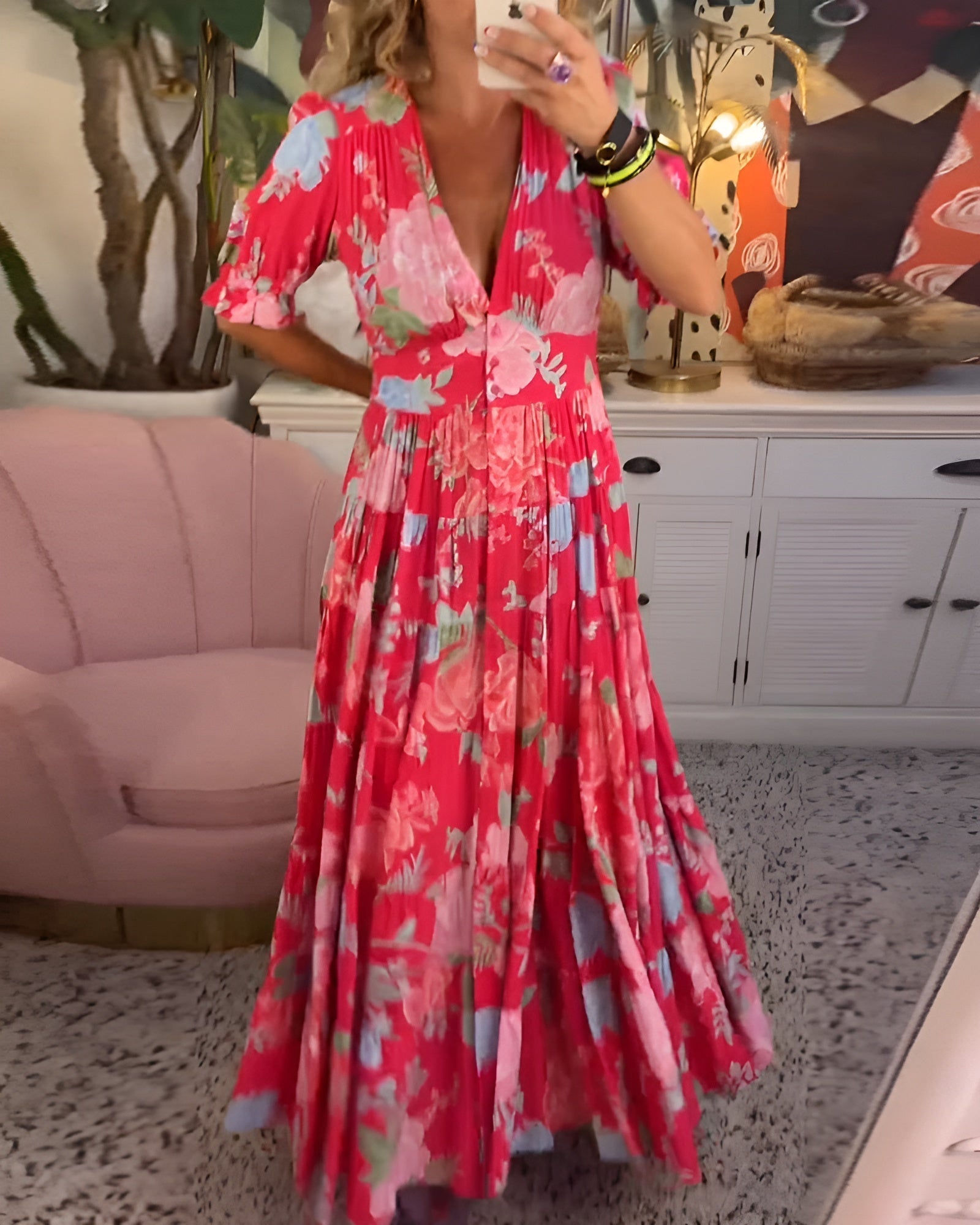 Carine | Floral Print V-Neck Maxi Dress with Pockets