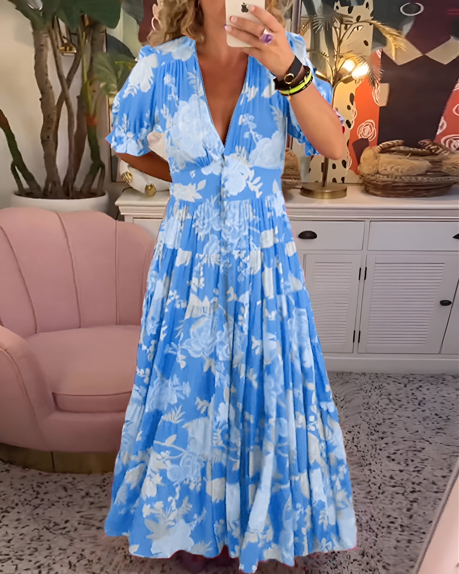 Carine | Floral Print V-Neck Maxi Dress with Pockets