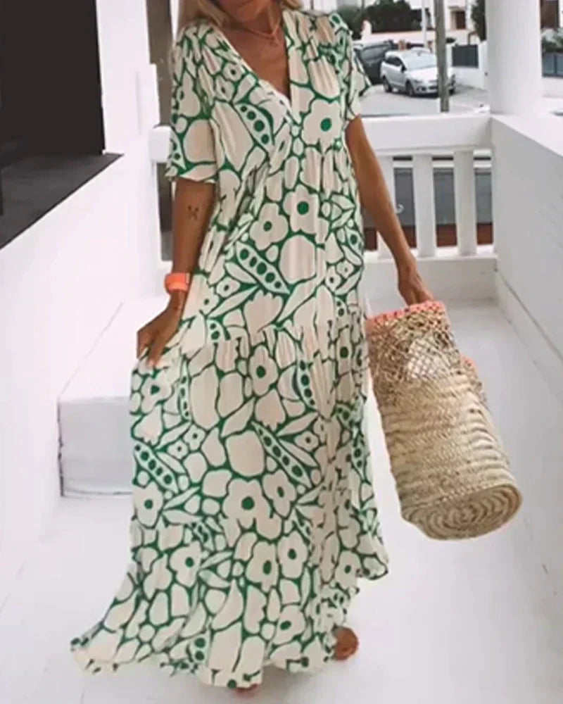 Vivian | Floral Print V-Neck Flowy Maxi Dress