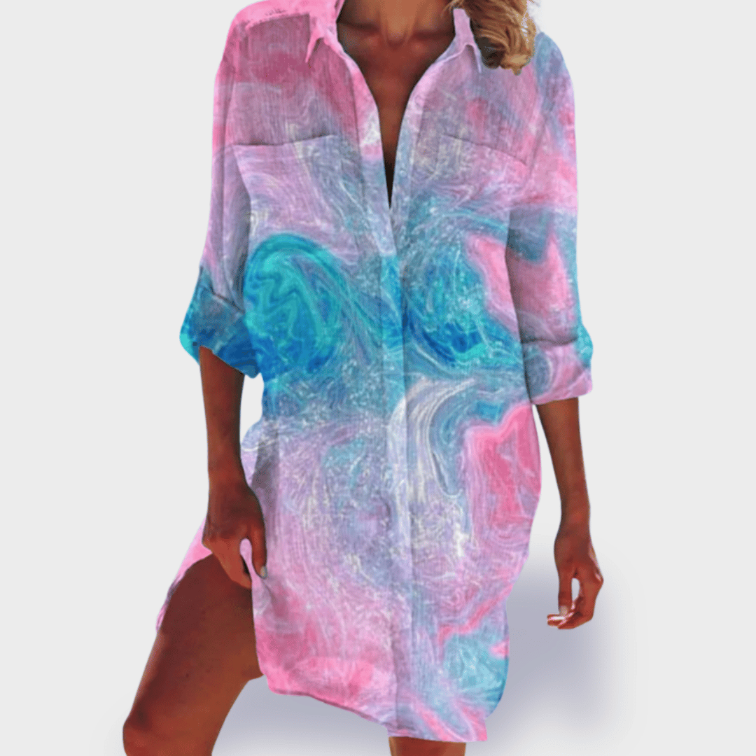 Brigitte | Printed Button-Up Short Sleeve Shirt Dress