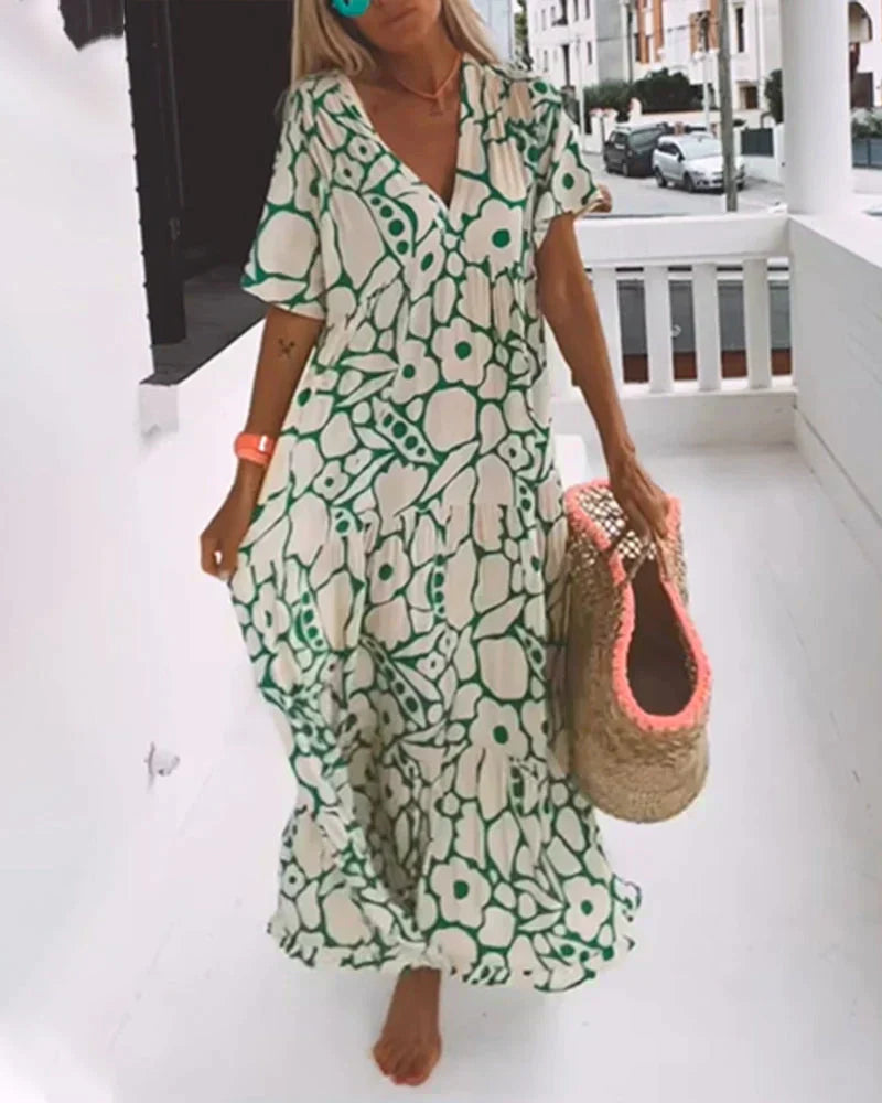 Vivian | Floral Print V-Neck Flowy Maxi Dress