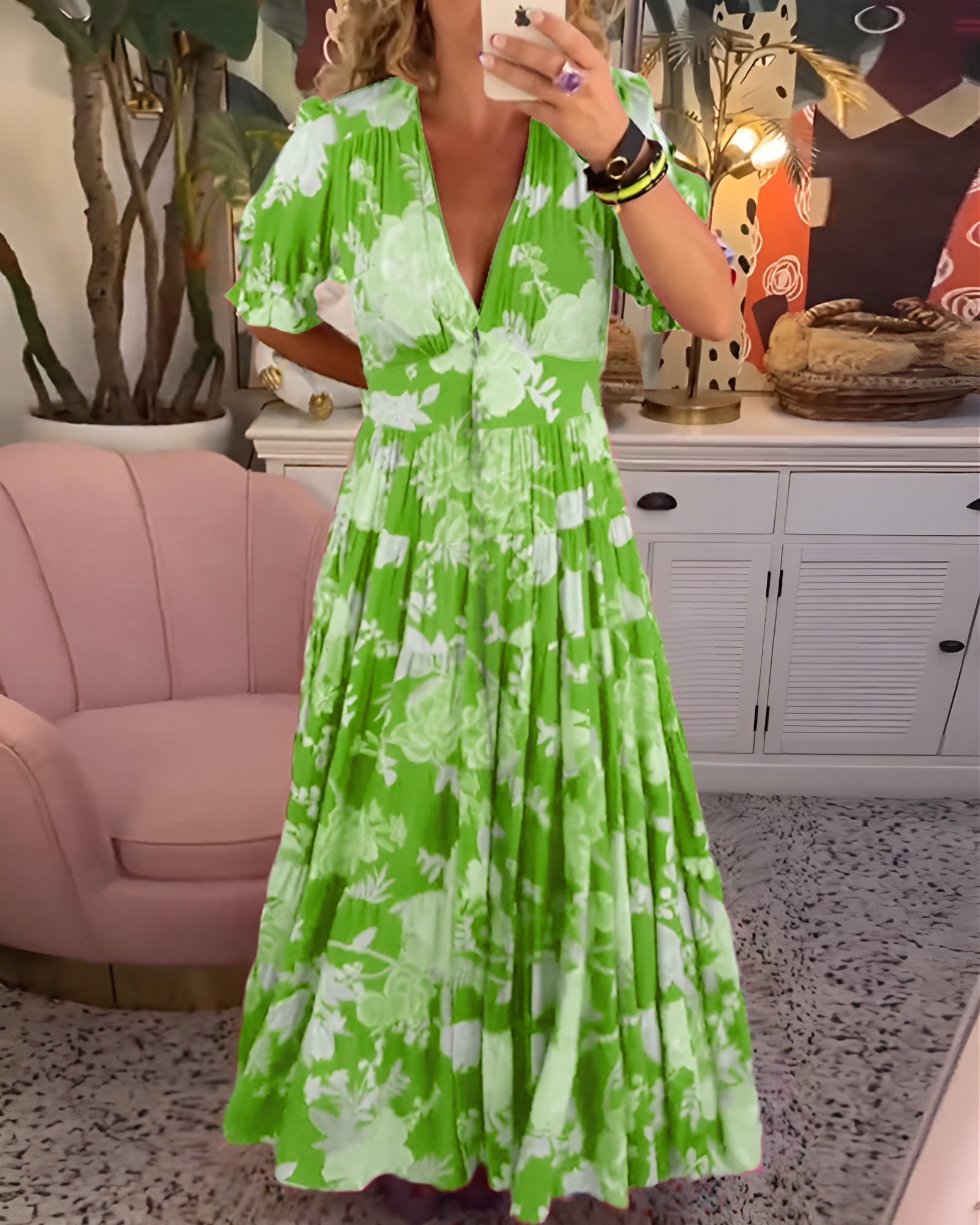 Carine | Floral Print V-Neck Maxi Dress with Pockets