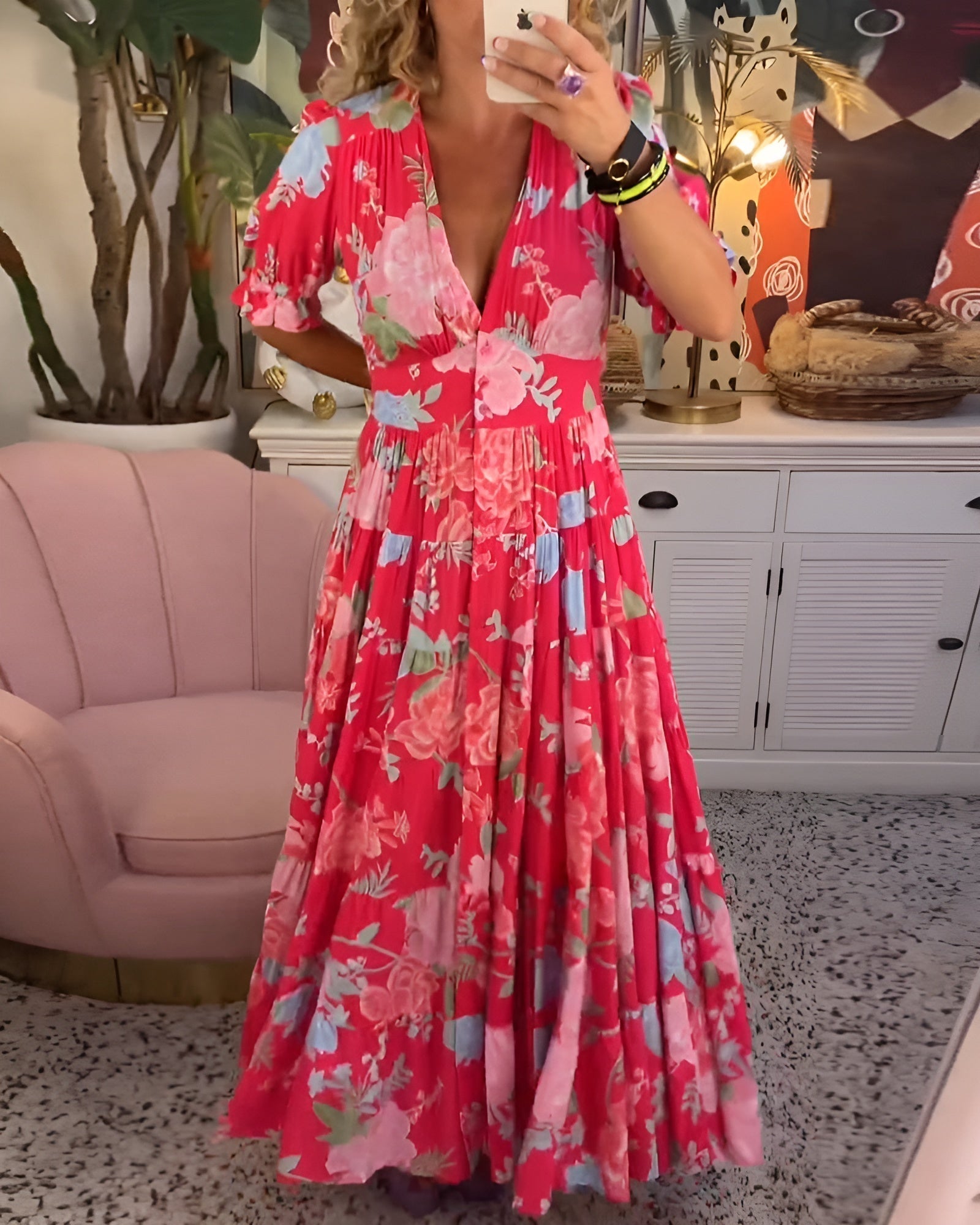 Carine | Floral Print V-Neck Maxi Dress with Pockets