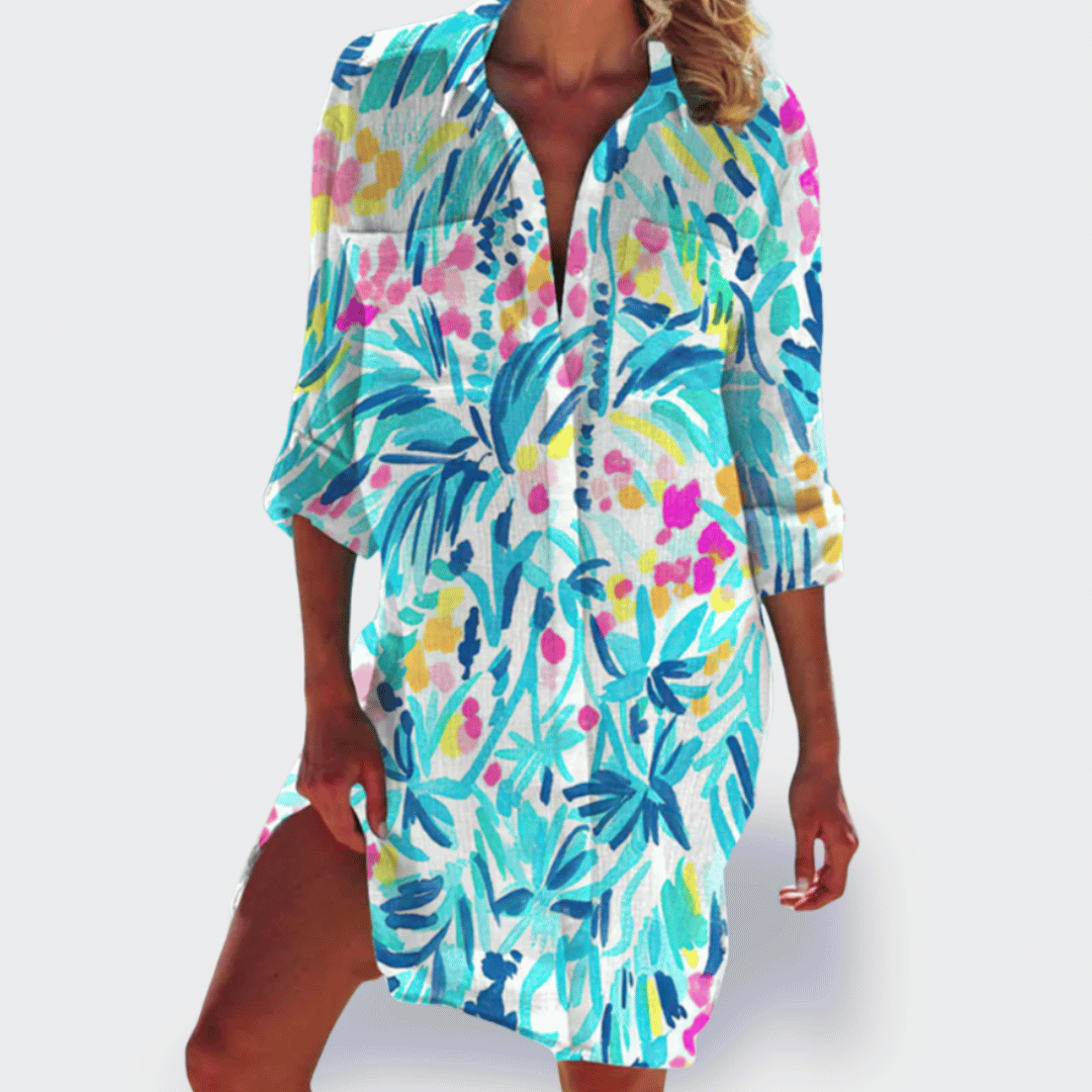 Brigitte | Printed Button-Up Short Sleeve Shirt Dress