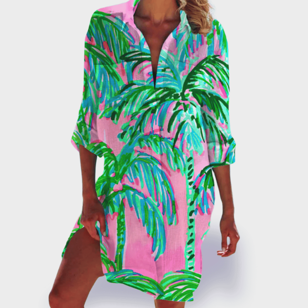 Brigitte | Printed Button-Up Short Sleeve Shirt Dress