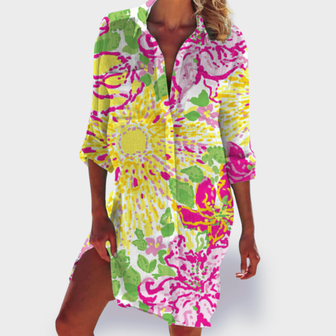 Brigitte | Printed Button-Up Short Sleeve Shirt Dress