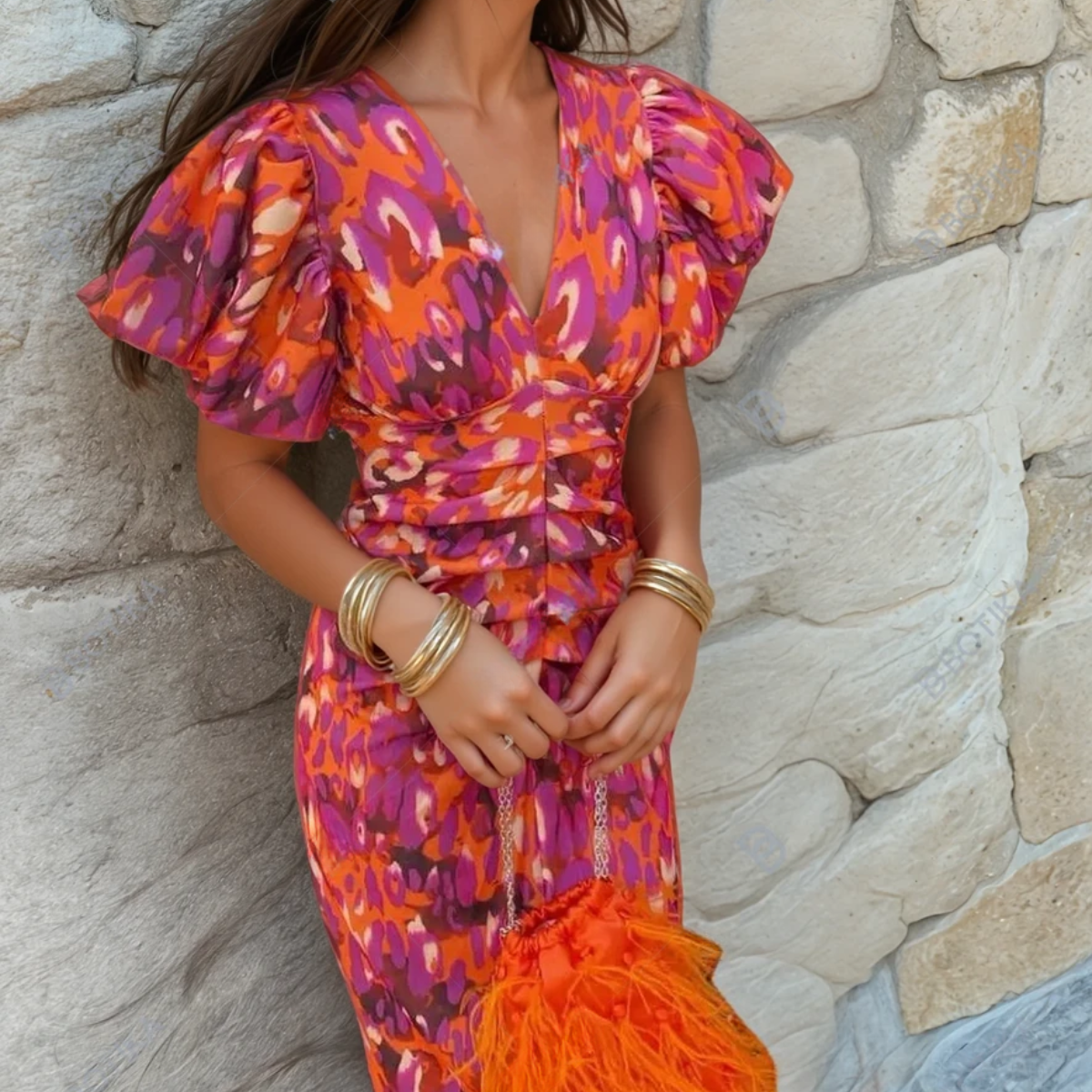 Carole | Vibrant Floral Puff Sleeve Midi Dress
