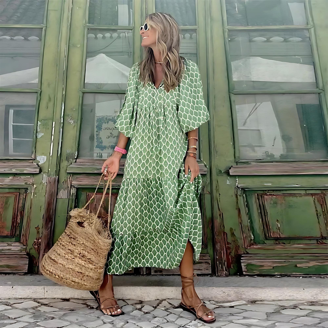 Sandra | Geometric Print High-Low Maxi Dress